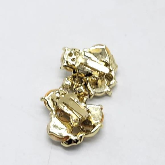 Gold Tone Black Enamel Tulip Faux Pearl Mother Of Pearl Circle Clip On Earrings - Picture 4 of 4